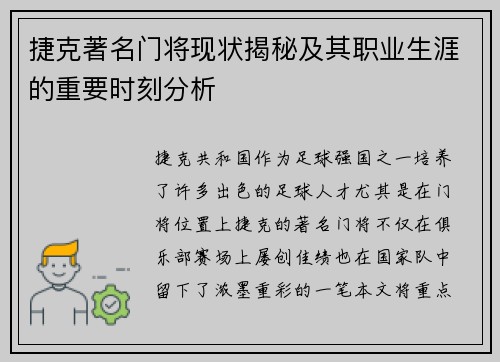 捷克著名门将现状揭秘及其职业生涯的重要时刻分析 捷克著名门将现状揭秘及其职业生涯的重要时刻分析