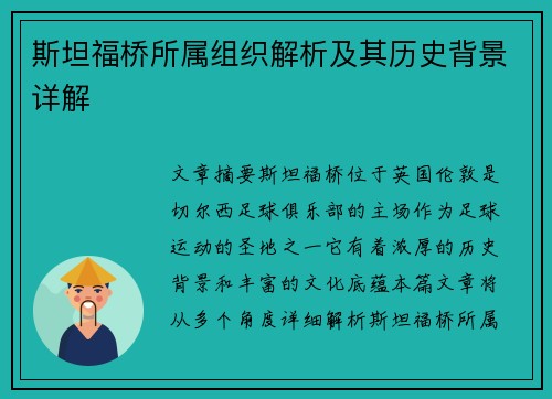 斯坦福桥所属组织解析及其历史背景详解