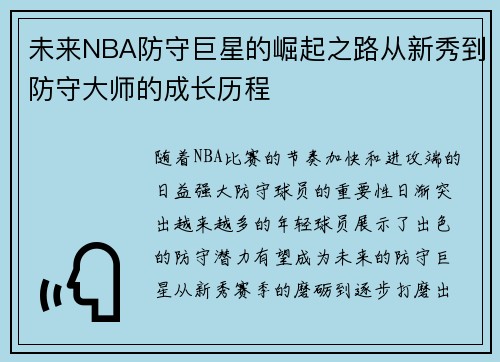 未来NBA防守巨星的崛起之路从新秀到防守大师的成长历程 未来NBA防守巨星的崛起之路从新秀到防守大师的成长历程