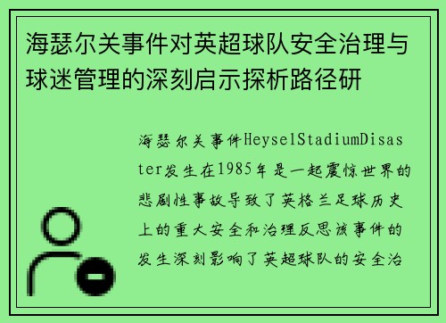 海瑟尔关事件对英超球队安全治理与球迷管理的深刻启示探析路径研 海瑟尔关事件对英超球队安全治理与球迷管理的深刻启示探析路径研