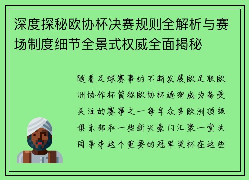 深度探秘欧协杯决赛规则全解析与赛场制度细节全景式权威全面揭秘 深度探秘欧协杯决赛规则全解析与赛场制度细节全景式权威全面揭秘