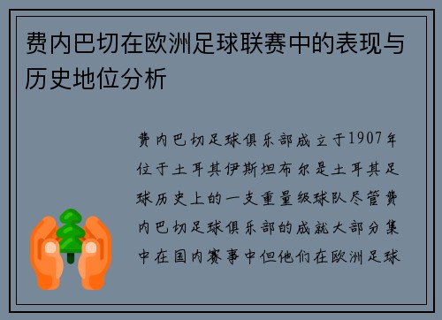 费内巴切在欧洲足球联赛中的表现与历史地位分析